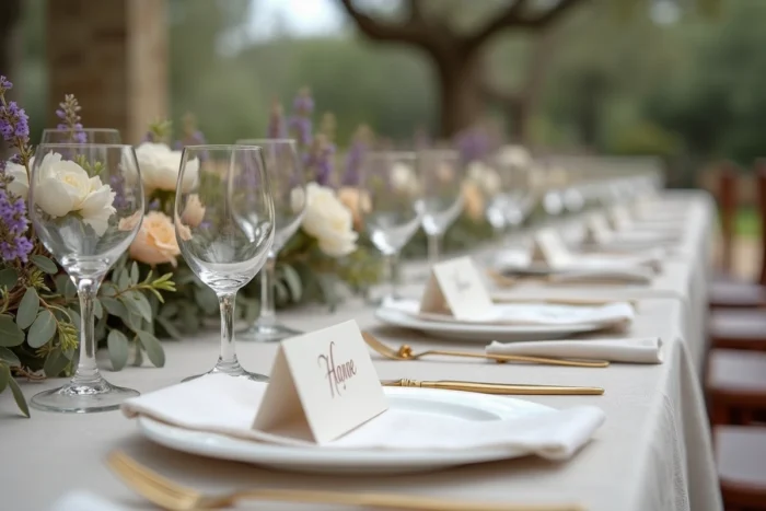 Détail de décoration de table de mariage en Provence avec lavande, pivoines ivoire et vaisselle vintage dorée dans un jardin en pierre
