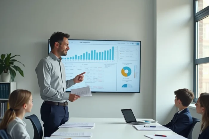 Directeur d'école présentant les évolutions du livret scolaire unique LSU 2026 sur un tableau de bord numérique