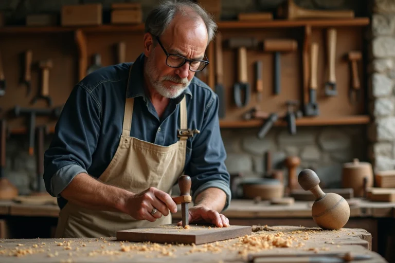 Ébéniste expérimenté travaillant une pièce de noyer massif avec un ciseau à bois dans un atelier artisanal traditionnel