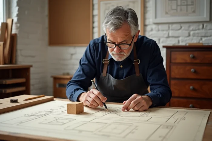 Ébéniste senior étudiant des plans techniques de conception de meuble sur table à dessin dans son atelier privé