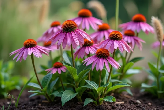 Échinacée pourpre en pleine floraison avec ses pétales mauves et son cône central brun-orangé, racine pivotante partiellement visible