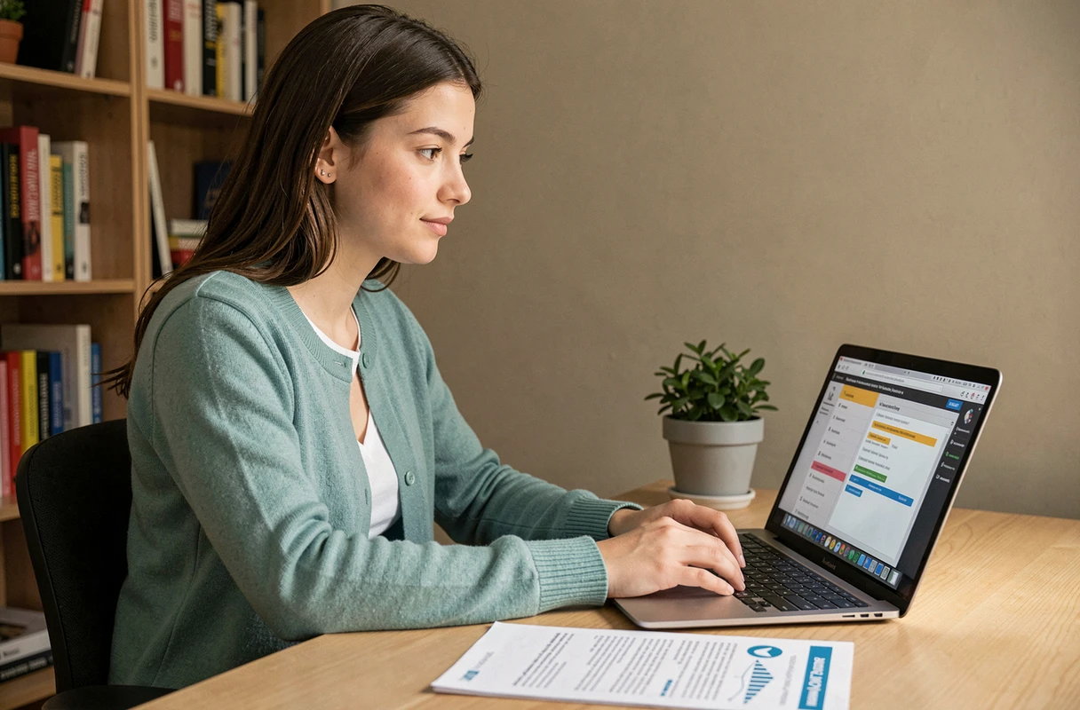 Nouvel employé ADMR consultant un guide Philia en télétravail depuis un bureau à domicile