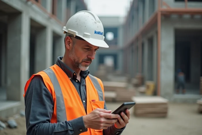 Entrepreneur en bâtiment consultant une application mobile de recherche de chantiers sur un chantier de construction actif