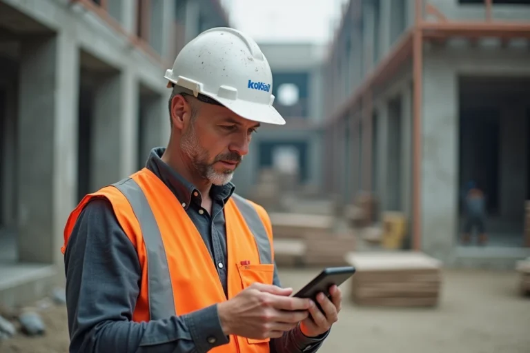 Entrepreneur en bâtiment consultant une application mobile de recherche de chantiers sur un chantier de construction actif