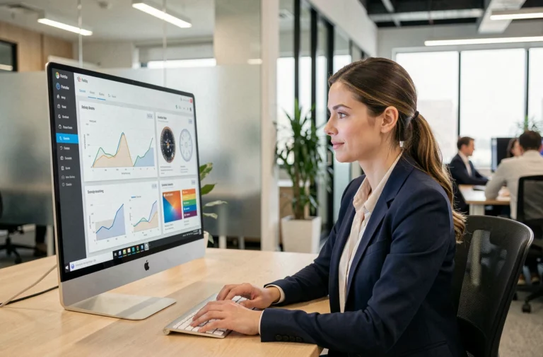 Professionnelle utilisant le logiciel Epsilon Scan Soft sur un écran dans un bureau moderne