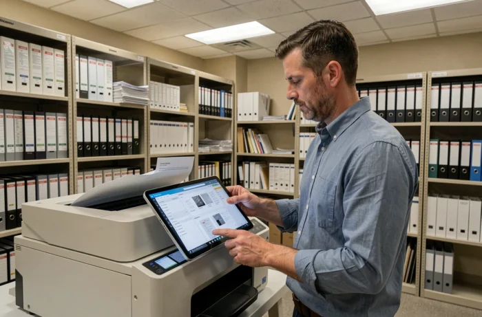 Technicien IT gérant la numérisation de documents avec une solution logicielle de scan