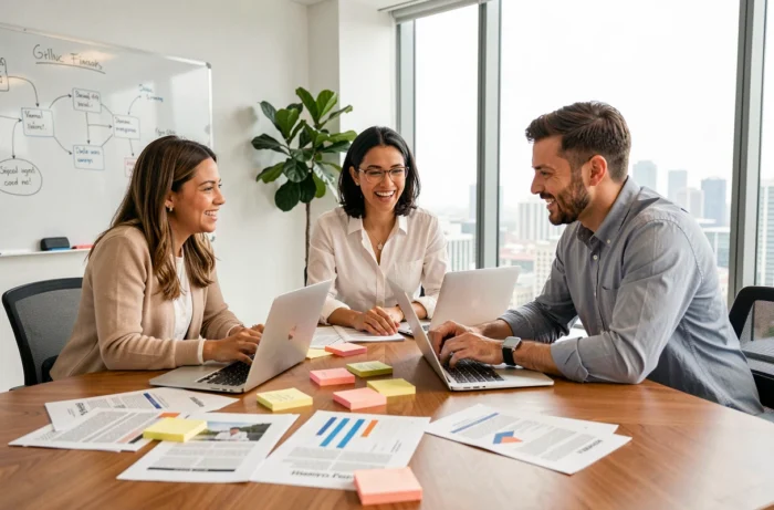 Équipe de professionnels collaborant sur un projet d'innovation digitale autour d'une table de réunion moderne