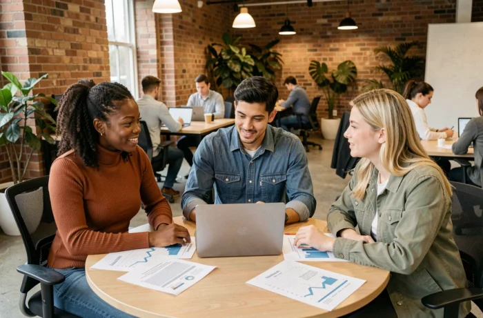 Équipe multiculturelle de jeunes professionnels collaborant sur des stratégies économiques dans un espace de coworking