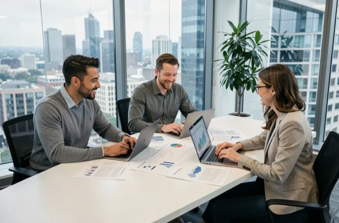 Équipe de professionnels en réunion stratégique autour d'un tableau de données pour améliorer les performances de leur entreprise