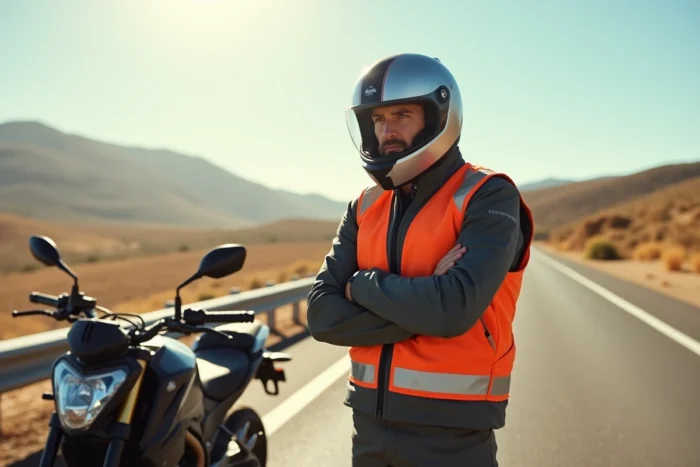 Motard en Espagne portant l'équipement obligatoire : casque homologué, gilet haute visibilité, gants et bottes de protection
