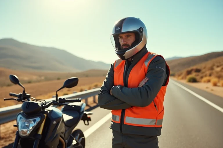 Motard en Espagne portant l'équipement obligatoire : casque homologué, gilet haute visibilité, gants et bottes de protection