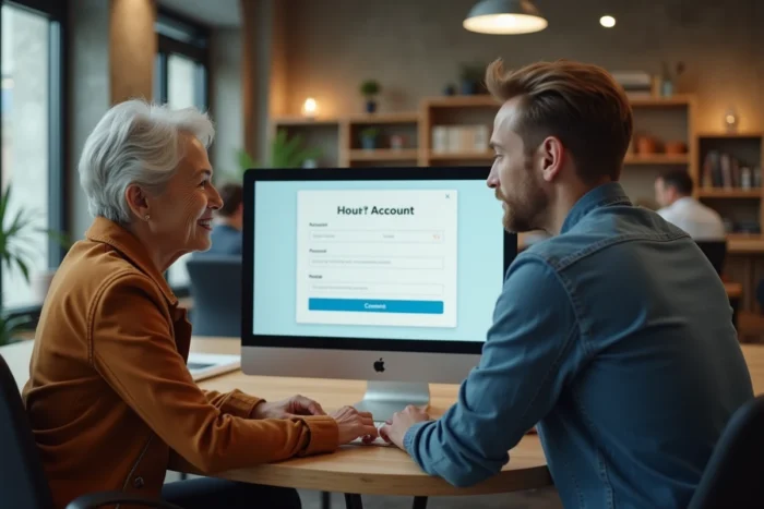 Deux personnes résolvant ensemble les erreurs de connexion sur un formulaire de compte MyFoncia dans un espace de coworking