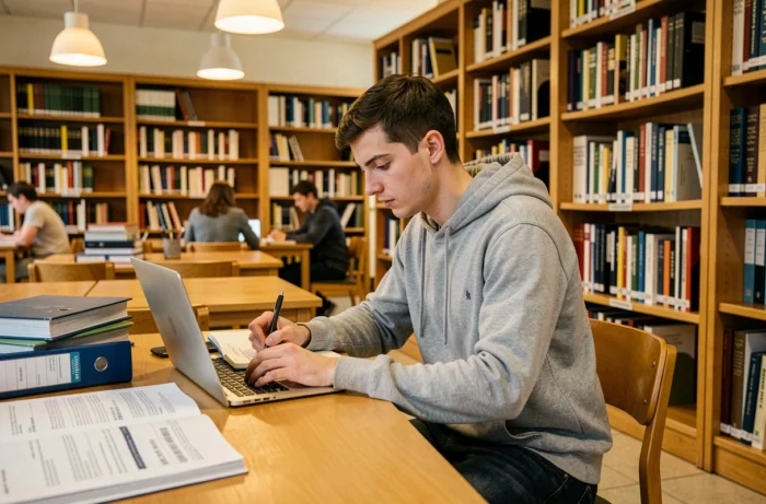 Étudiant travaillant seul en bibliothèque universitaire sur un projet lié au PIA 21 dans le cadre de l'académie de Dijon