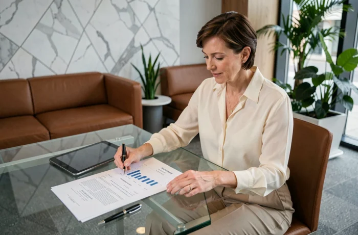 Femme d'affaires analysant son portefeuille de patrimoine dans un espace de banque privée contemporain