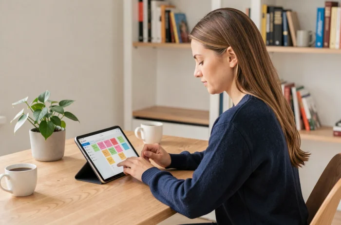 Femme utilisant une application de gestion de notes et tâches sur une tablette dans un bureau home office épuré et organisé