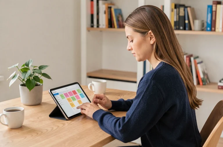 Femme utilisant une application de gestion de notes et tâches sur une tablette dans un bureau home office épuré et organisé