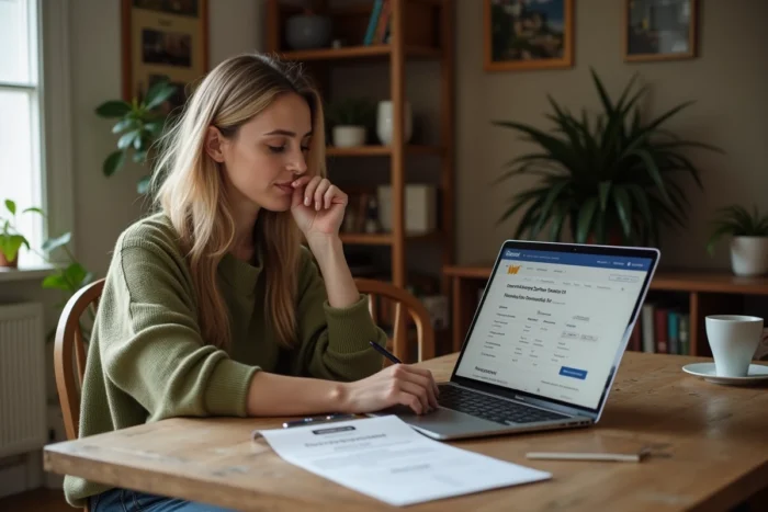 Femme comparant des devis travaux sur ordinateur portable à son bureau à domicile