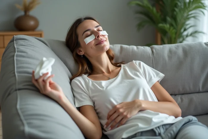 Jeune femme allongée appliquant une compresse froide sur les yeux pour soulager une paupière qui saute