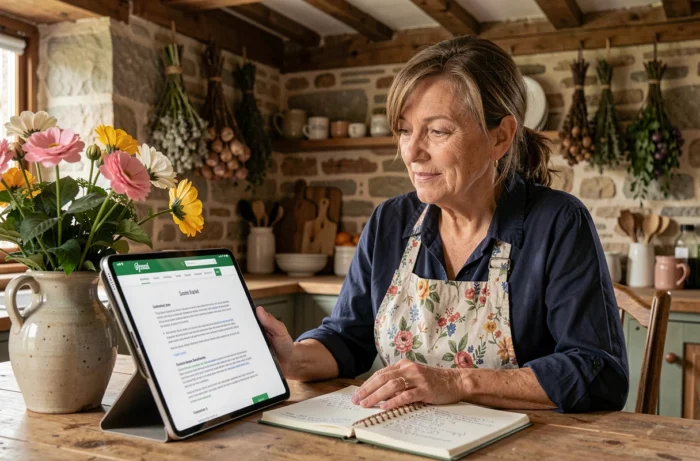 Femme âgée lisant des conseils de jardinage sur une tablette dans une cuisine provençale traditionnelle