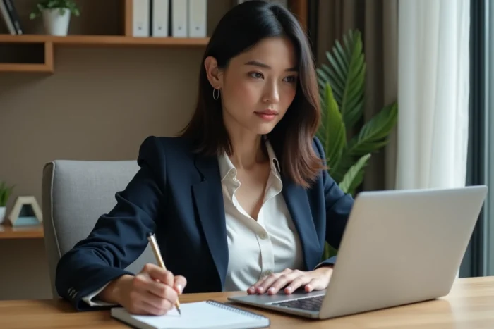 Femme consultant des ressources business sur un ordinateur portable dans un bureau moderne avec prise de notes manuscrites