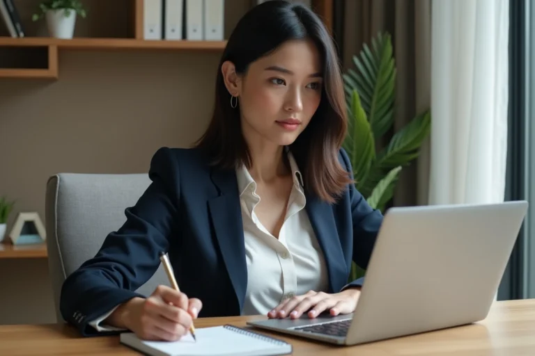 Femme consultant des ressources business sur un ordinateur portable dans un bureau moderne avec prise de notes manuscrites