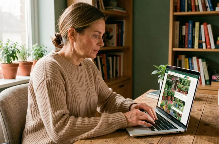Femme consultant le site Jardin D'Helena sur un ordinateur portable dans un bureau à domicile décoré de plantes