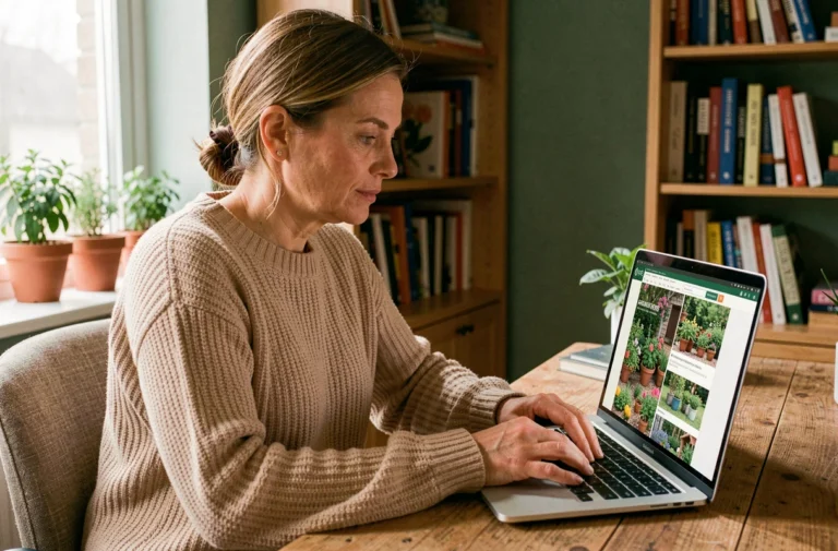 Femme consultant le site Jardin D'Helena sur un ordinateur portable dans un bureau à domicile décoré de plantes