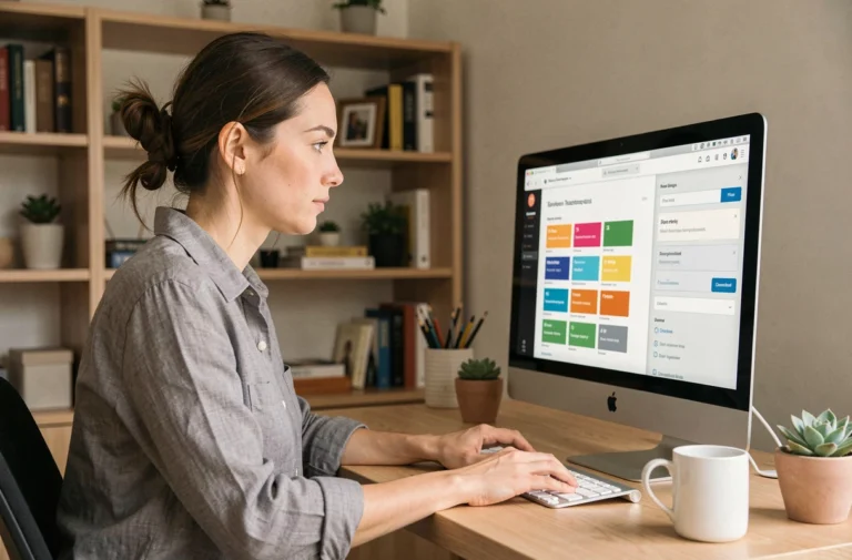 Femme en train de créer un site web avec une interface glisser-déposer sur un iMac dans un bureau à domicile moderne