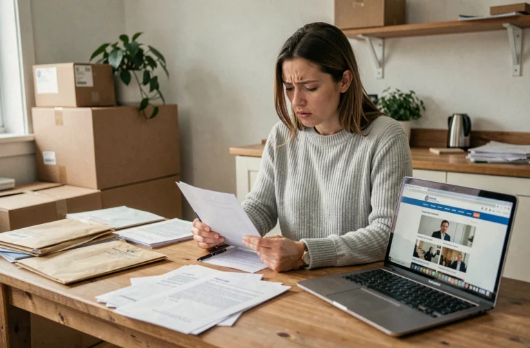 Femme remplissant des formulaires de changement d'adresse entourée de cartons de déménagement