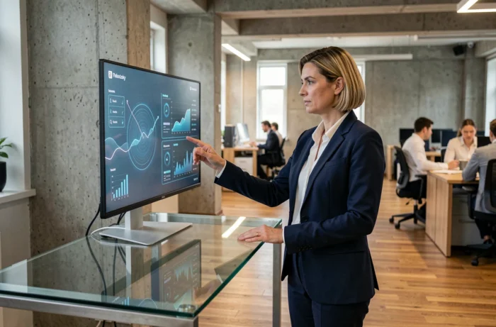 Femme cadre dirigeante analysant des données sur un écran tactile dans un bureau moderne pour booster la performance de son entreprise