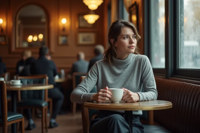 Femme réfléchie préservant son intimité dans un café parisien, illustrant la discrétion face aux médias