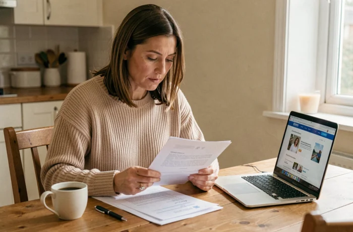 Femme consultant des documents de régularisation CAF à la maison avec un ordinateur portable