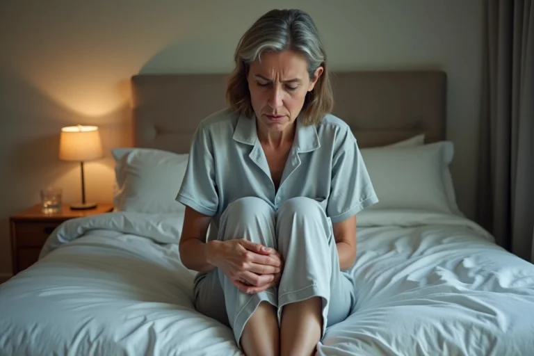 Femme d'âge mûr assise sur son lit la nuit en tenant sa jambe douloureuse, illustrant la douleur aux jambes nocturne