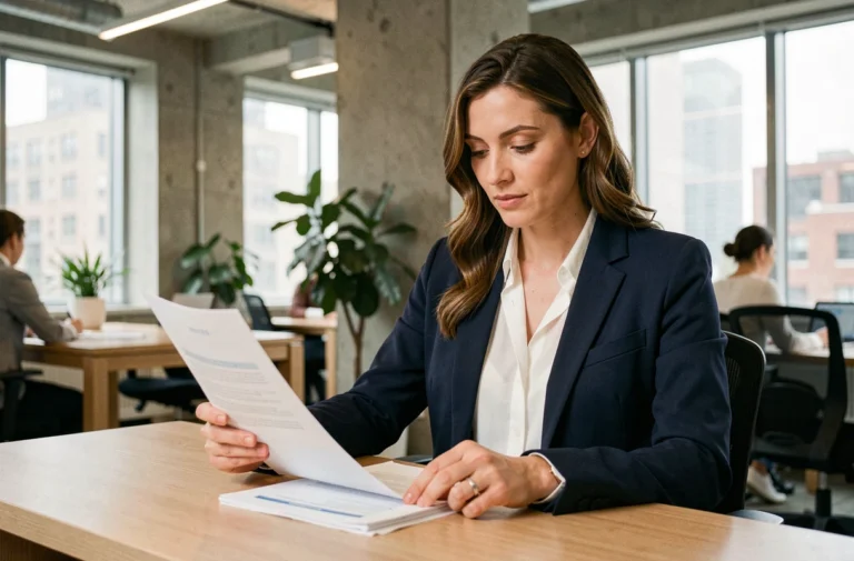 Femme entrepreneur en blazer marine analysant des documents professionnels dans un espace de coworking moderne