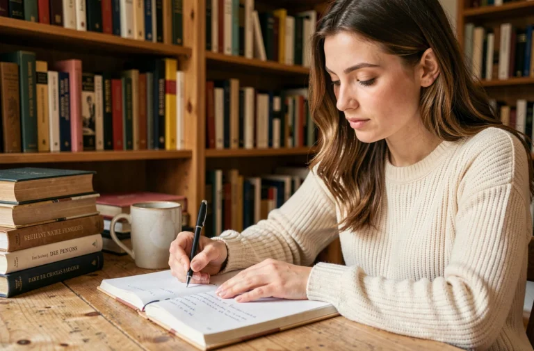 Jeune femme prenant des notes sur les verbes d'état français dans un carnet de grammaire, assise dans une bibliothèque chaleureuse entourée de livres