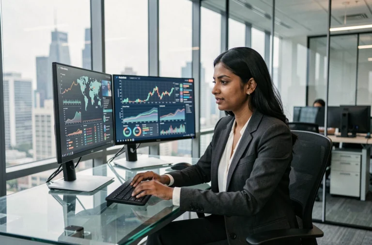 Femme d'affaires analysant des données économiques mondiales sur des écrans dans un bureau fintech moderne