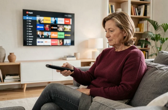 Femme consultant le guide des chaînes TNT payantes sur sa télévision dans un salon moderne