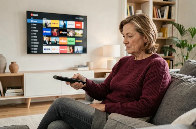 Femme consultant le guide des chaînes TNT payantes sur sa télévision dans un salon moderne