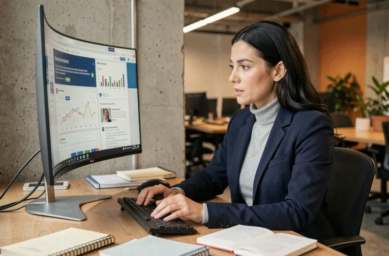 Femme professionnelle consultant des articles sur l'innovation digitale dans un espace de coworking moderne à Bruxelles