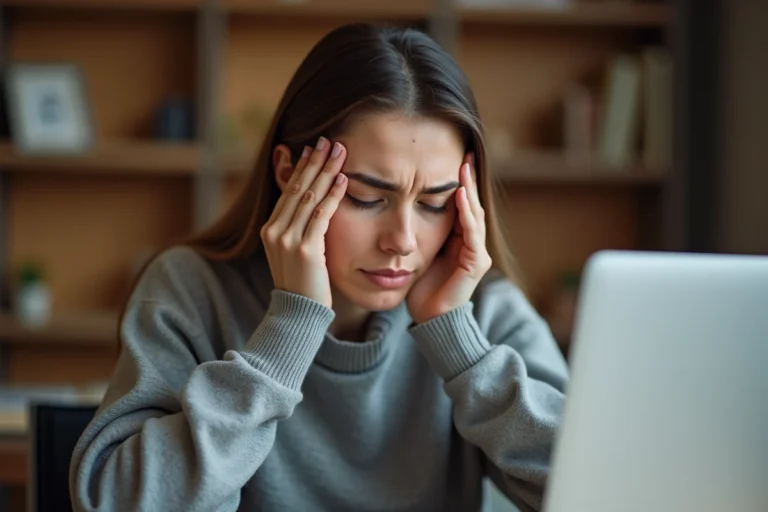 Femme fatiguée appuyant les doigts sur sa paupière qui saute, assise à son bureau à domicile