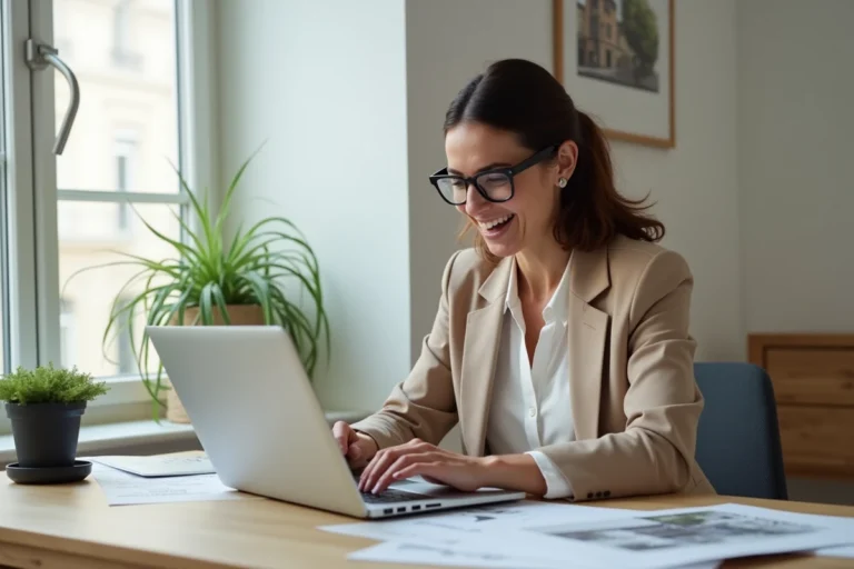 Une femme utilise une plateforme immobilière innovante sur ordinateur dans un bureau à domicile moderne, illustrant la révolution numérique du marché immobilier en France