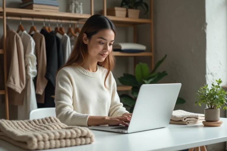 Jeune femme explorant une plateforme de mode tendance sur un ordinateur portable dans un studio minimaliste moderne
