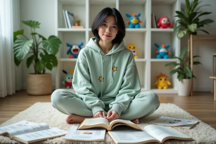 Femme consultant des livres Pokédex illustrés avec des fiches alphabétiques sur les Pokémon en T