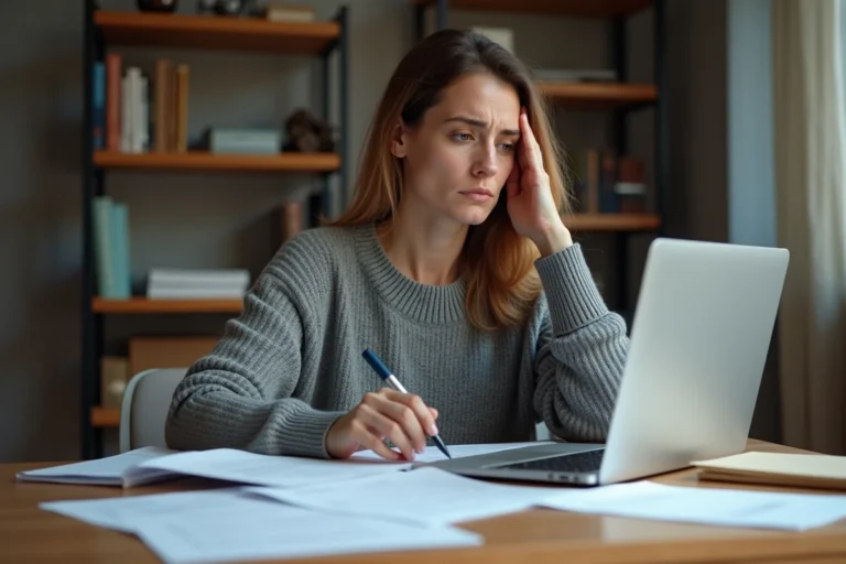 Femme inquiète consultant des documents administratifs liés à un retard de paiement Pôle emploi à domicile