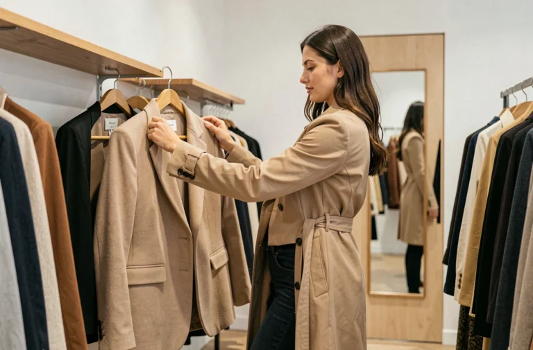 Femme élégante qui fait du shopping tendance dans une boutique de mode moderne, examinant un blazer structuré entre les rayons
