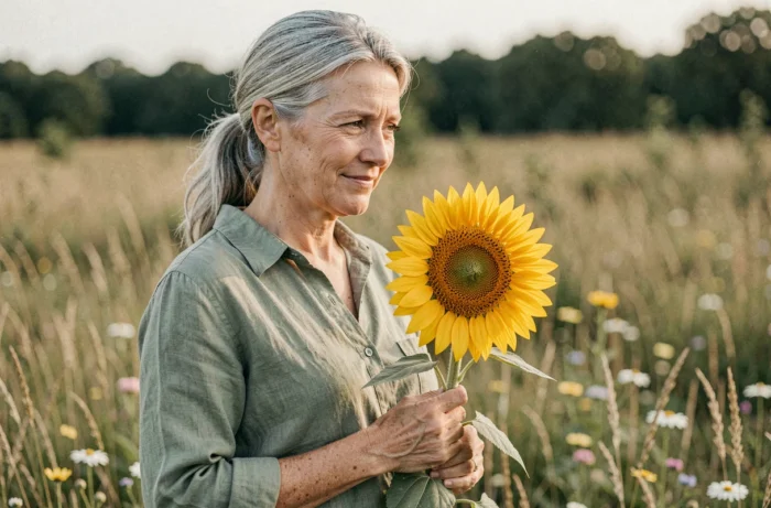 Femme tenant un tournesol dans une prairie sauvage, symbolisant la force et la résilience de la nature