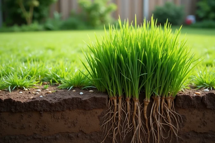 Touffe de fétuque élevée avec ses racines profondes visibles dans une coupe de sol à 60 cm de profondeur