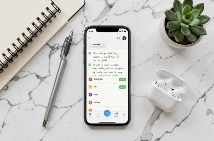 Vue à plat d'un smartphone affichant une application de prise de notes entouré d'accessoires de bureau sur une surface en marbre blanc