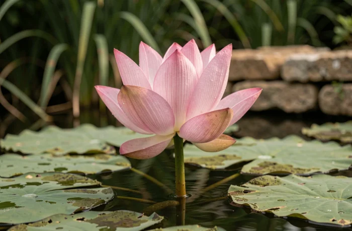 Fleur de lotus rose en pleine floraison émergeant d'un étang sombre, symbole de force et de résilience