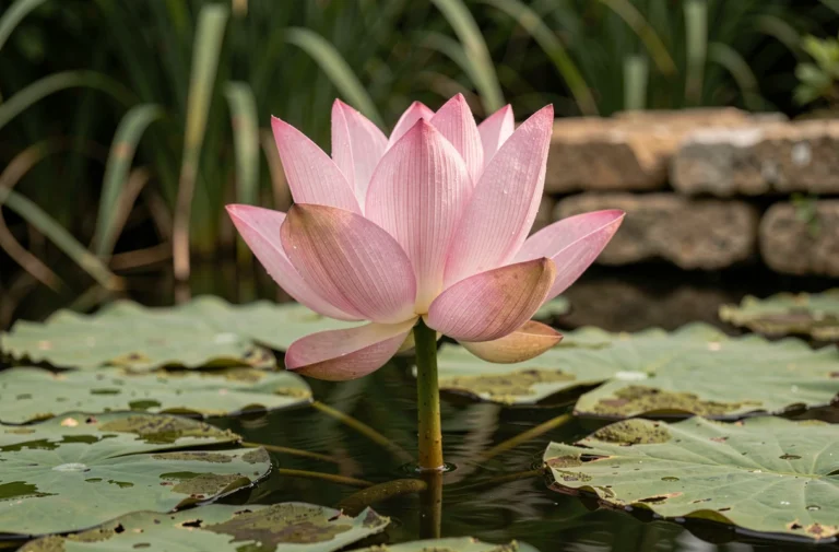 Fleur de lotus rose en pleine floraison émergeant d'un étang sombre, symbole de force et de résilience